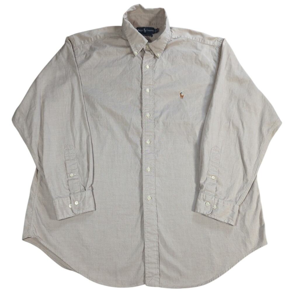 VTG Ralph Lauren Shirt Mens 17.5 34 Yarmouth Beige Oxford 100 Cotton Hong Kong